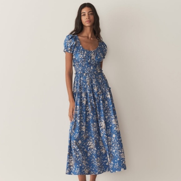 Doen Dresses & Skirts - Doen Leanne Cotton Shirred Smocked Midi Maxi Dress Jardins De La Fontaine Blue